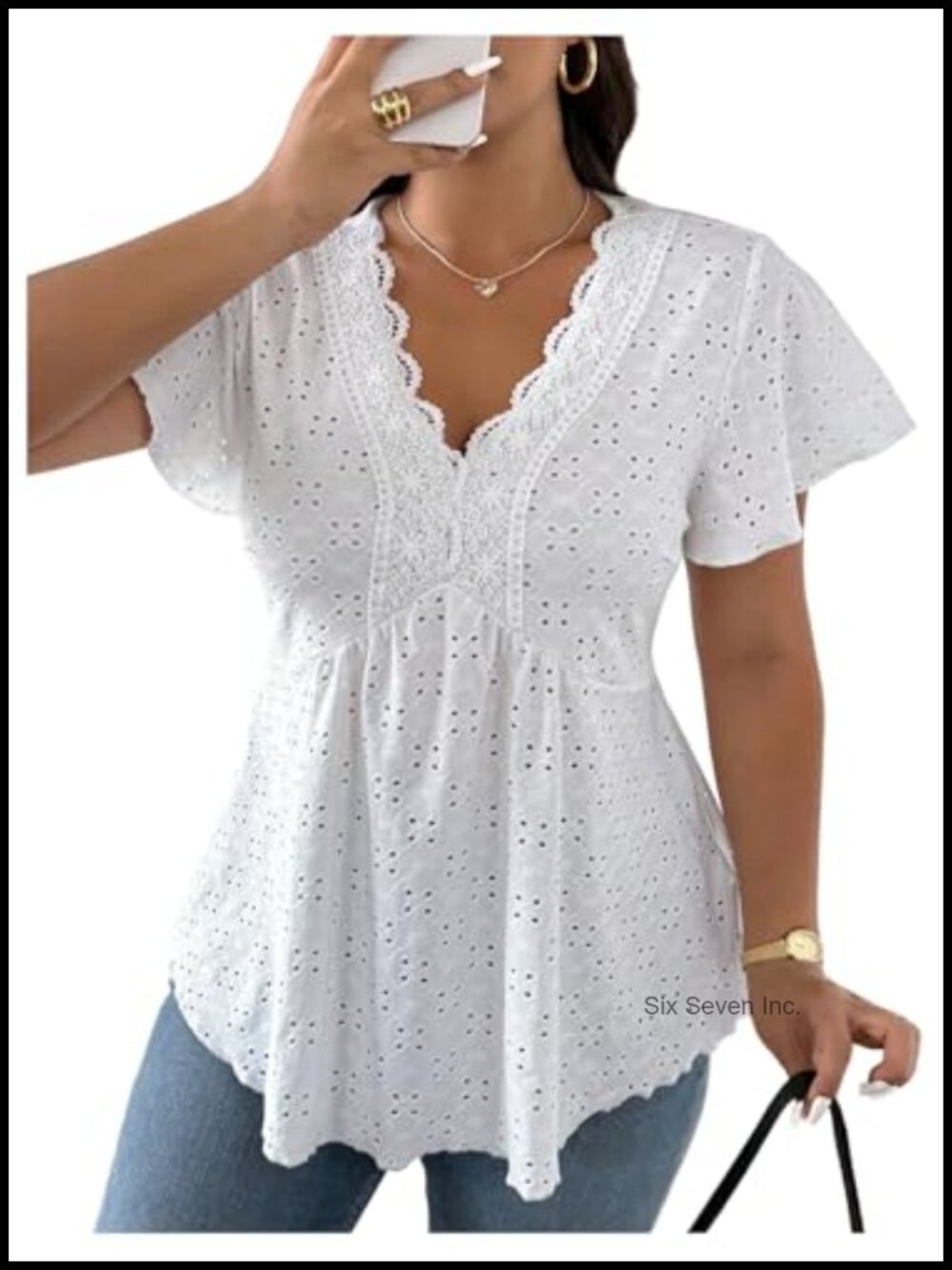 Plus Size Eyelet Peplum Top Lace V Neck Ruffle Short Sleeve Flowy Blouse